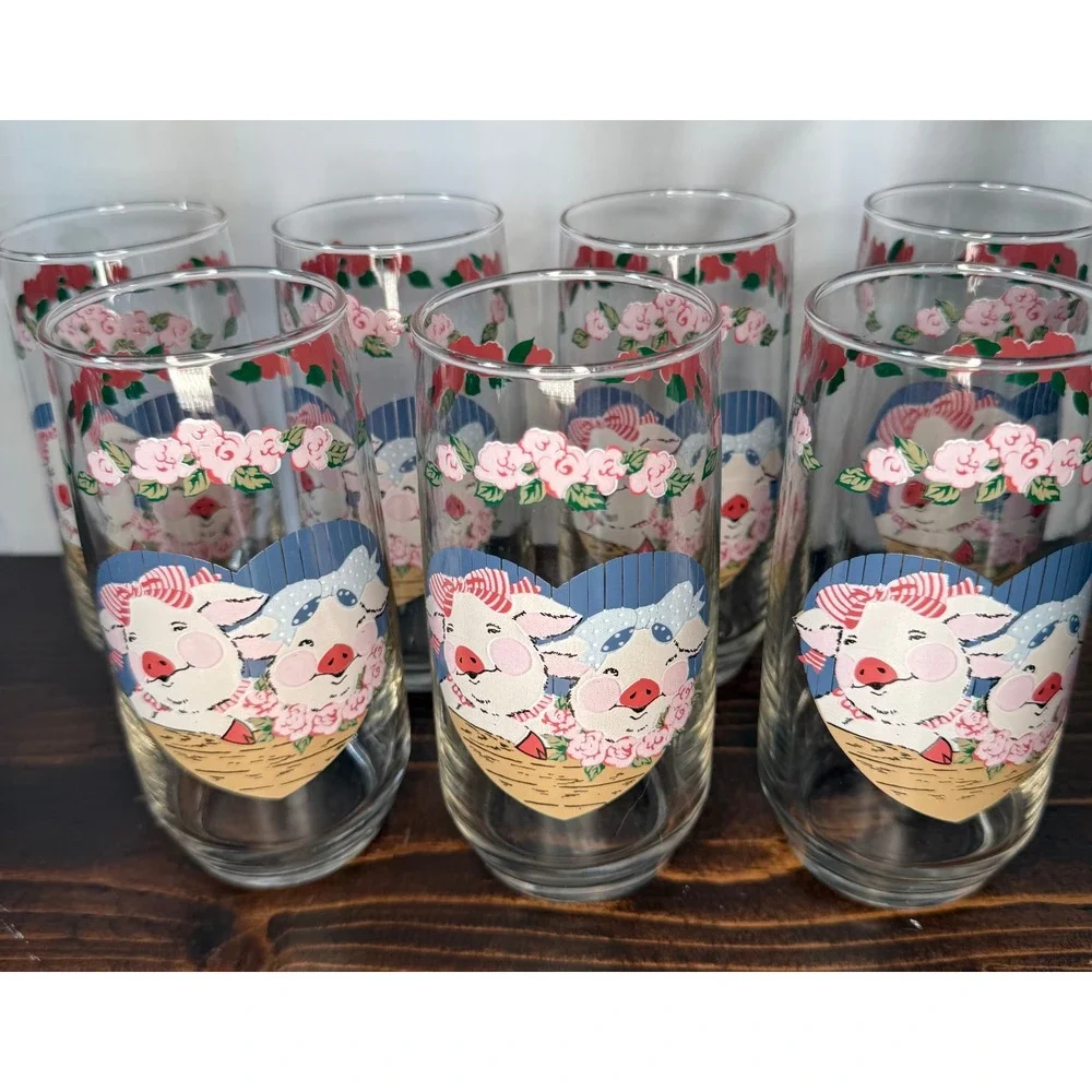 VTG Tienshan Anchor Hocking Pig Pal Glasses Set of 8 Country Tumblers 12oz